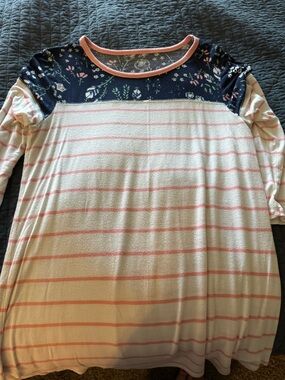 Striped Cream & Pink Knit Blouse with Navy Floral Yoke